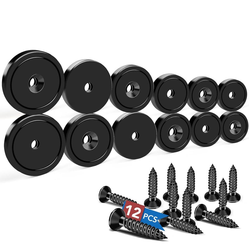 LOVIMAG Strong Neodymium Cup Magnets, 3 Sizes, 12Pcs Black Heavy Duty with Countersunk Hole and Screw for Wall Mounting, Holding Tools, Lifting, Fridge, Cabinet - Image 1